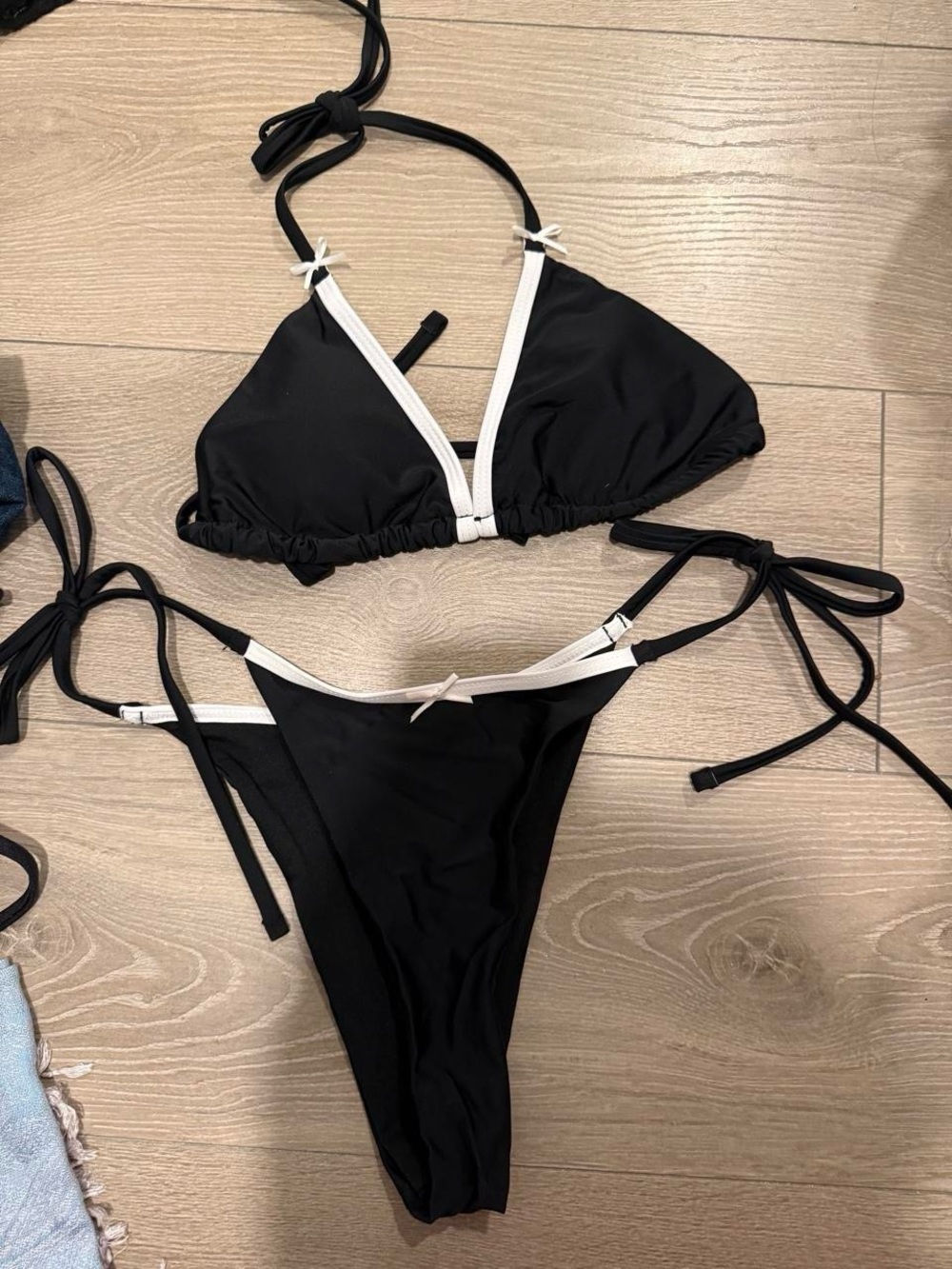 SHEIN Black Bikini with White Trim Tie-Side Set